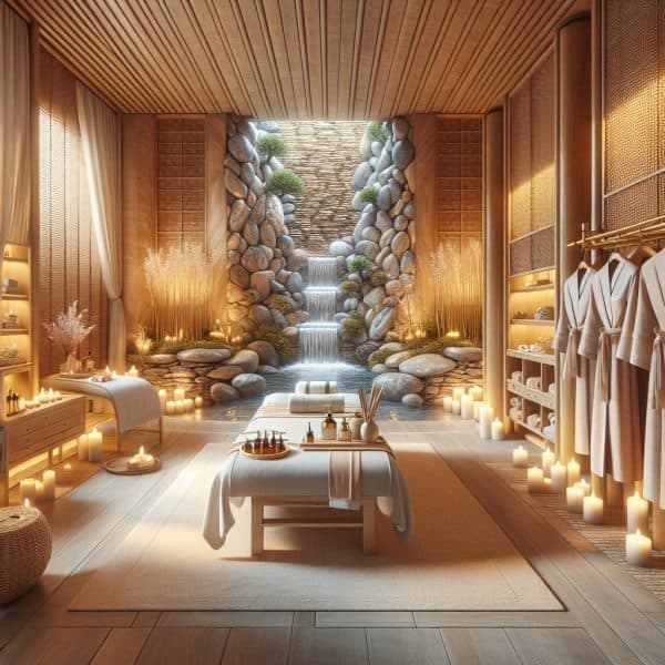 Luxury spa room with indoor waterfall and candles