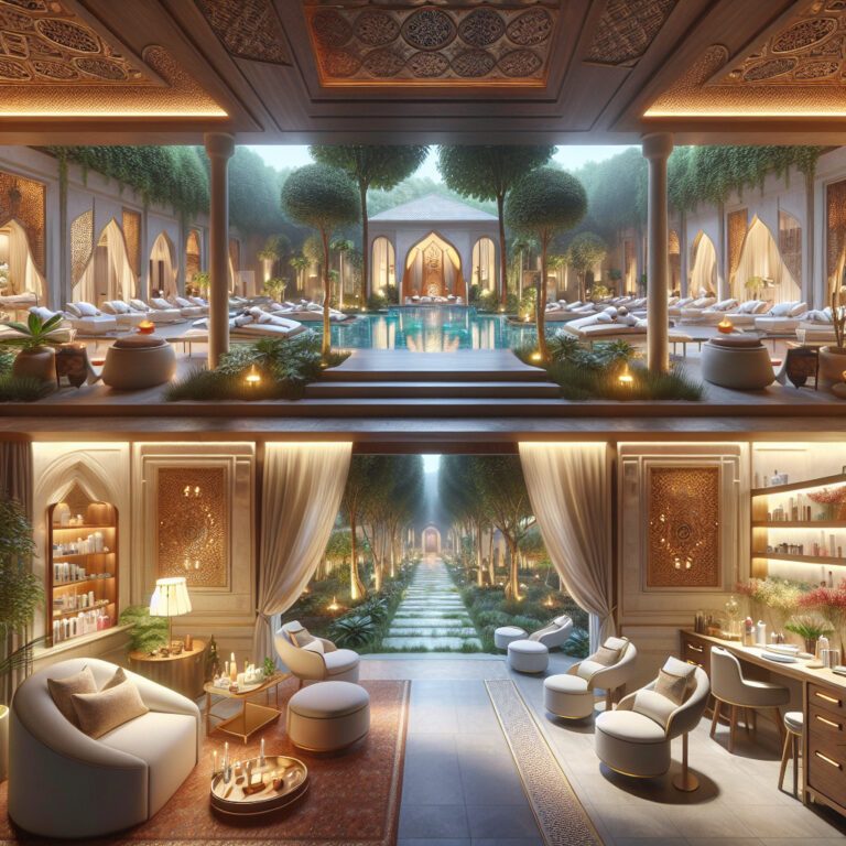 Luxurious spa courtyard with pool and garden walkway