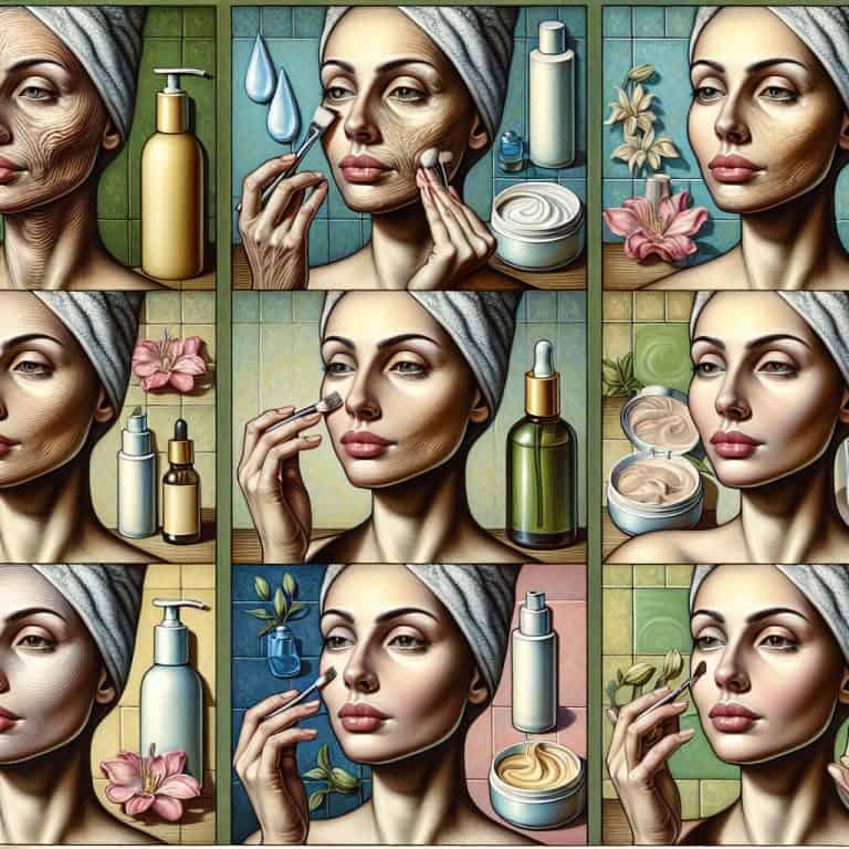 Woman applying skincare products in illustrated grid layout