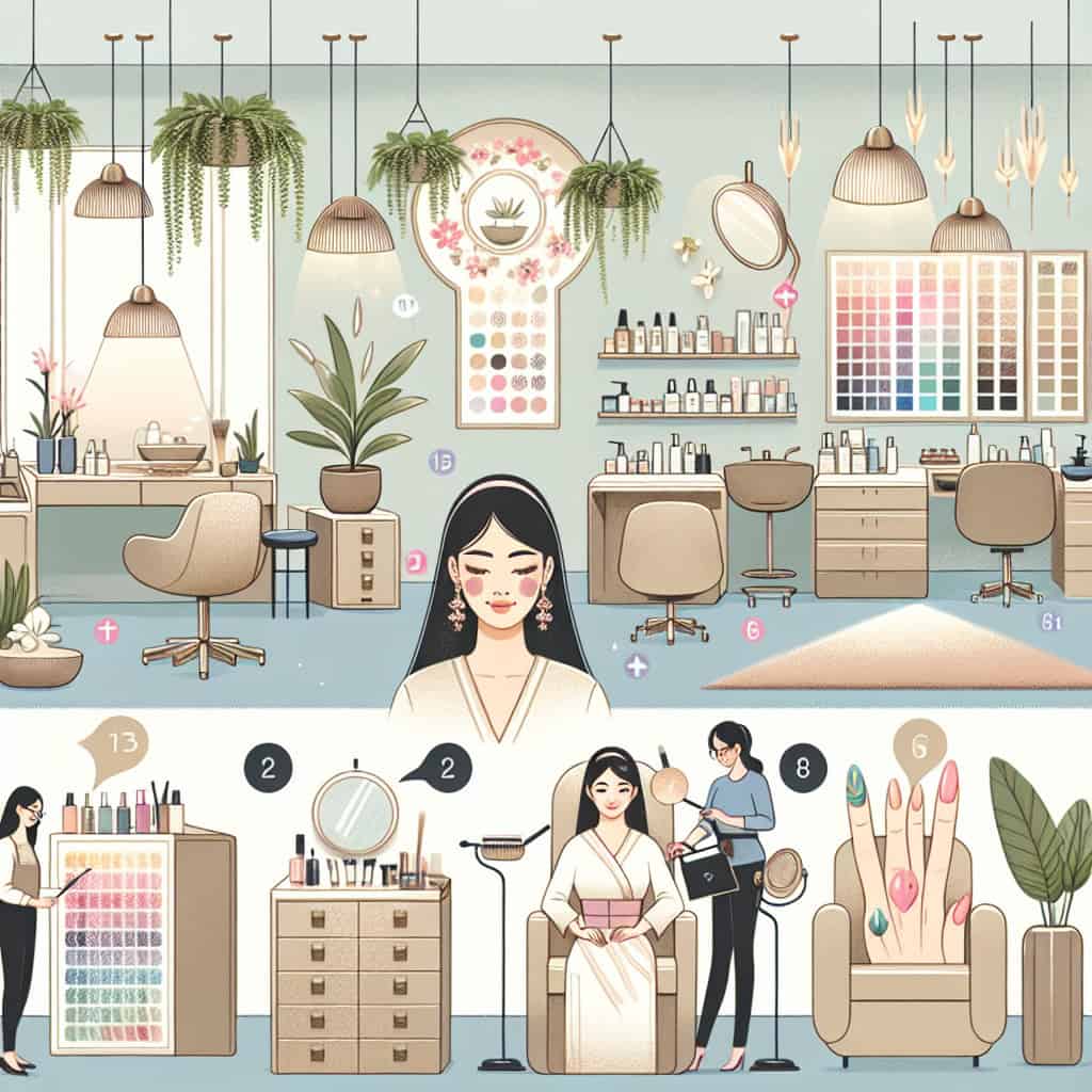 Illustrated beauty salon interior with manicure process.