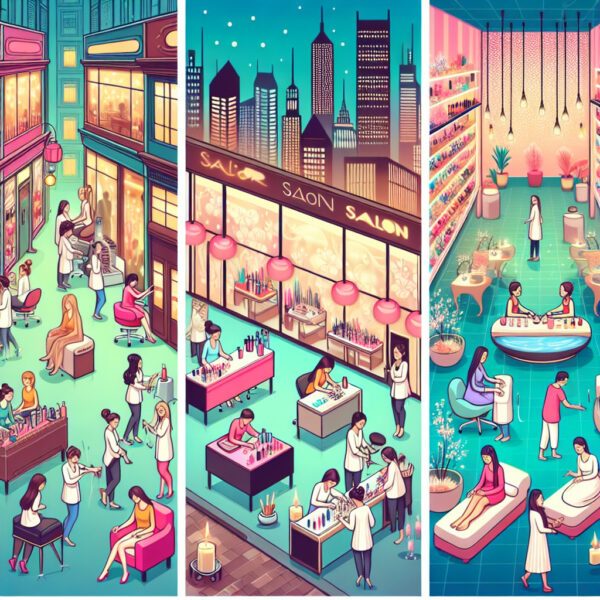 Illustrated beauty salon interior and exterior scenes