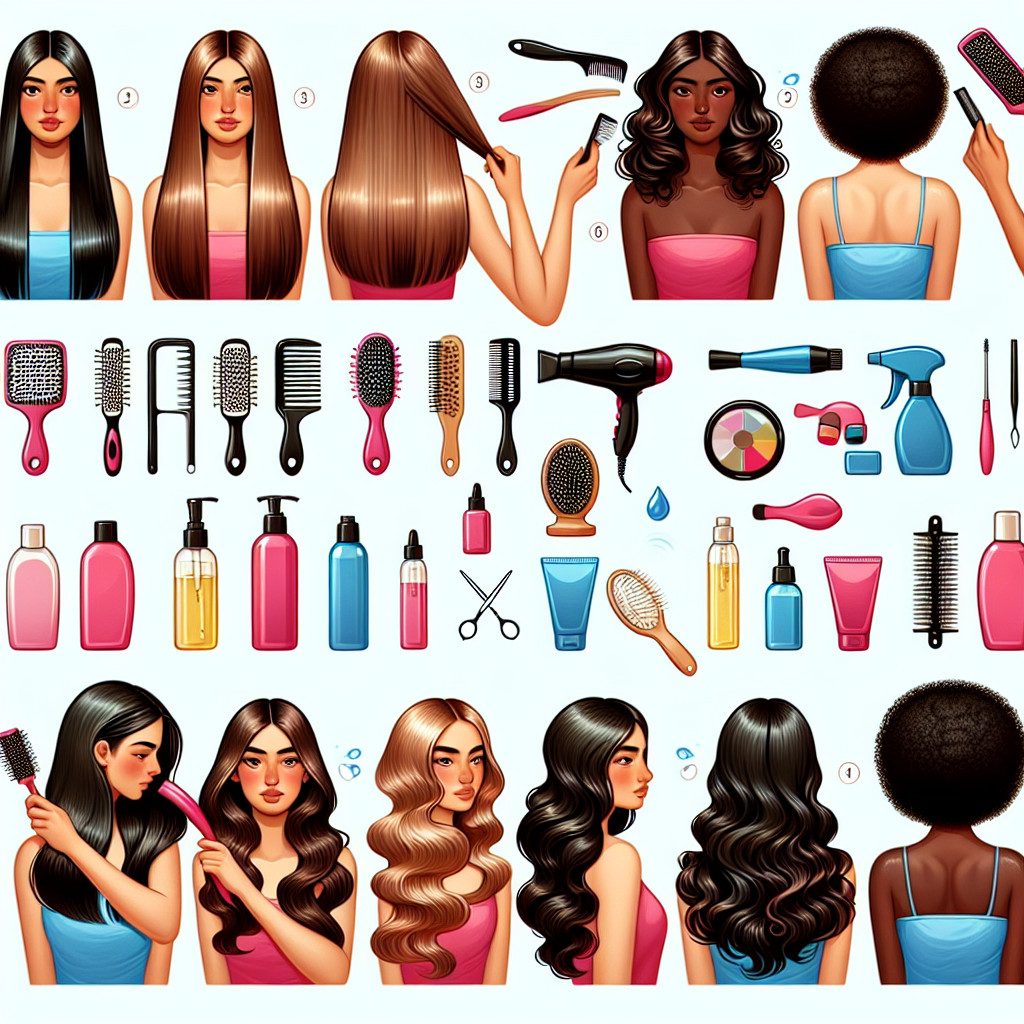 Illustrated haircare tools and hairstyles guide