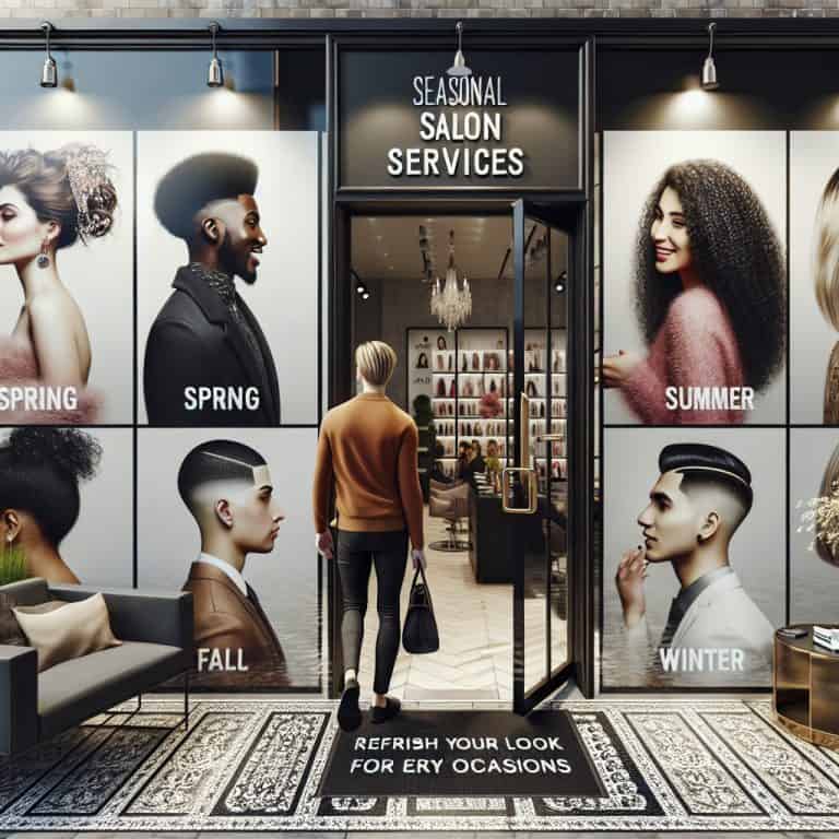 Person entering salon with seasonal hairstyle posters