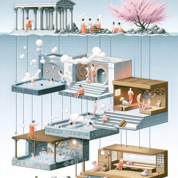 Illustrated multi-level bathhouse with pools, sauna and temple