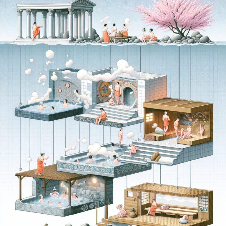Illustrated multi-level bathhouse with pools, sauna and temple