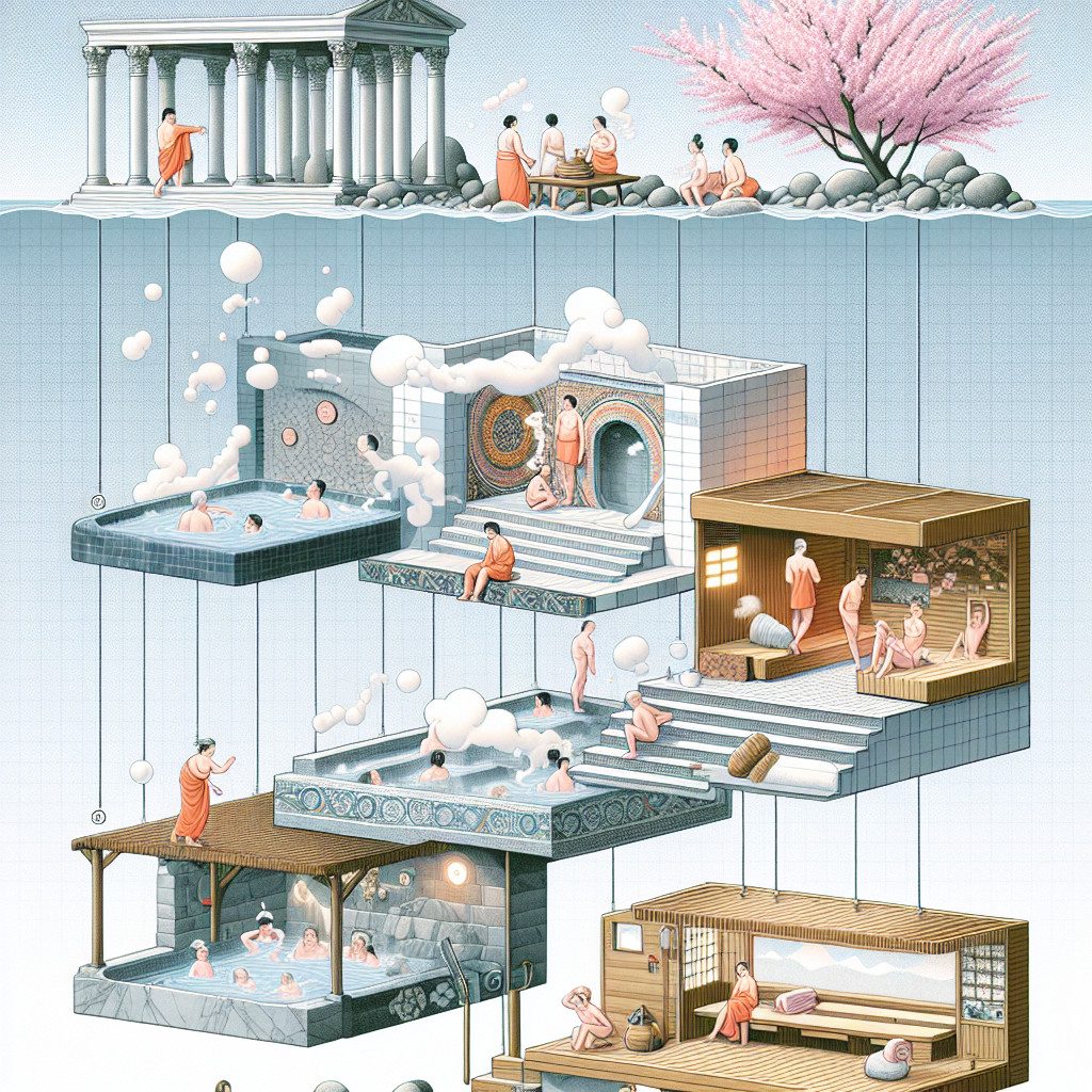 Illustrated multi-level bathhouse with pools, sauna and temple