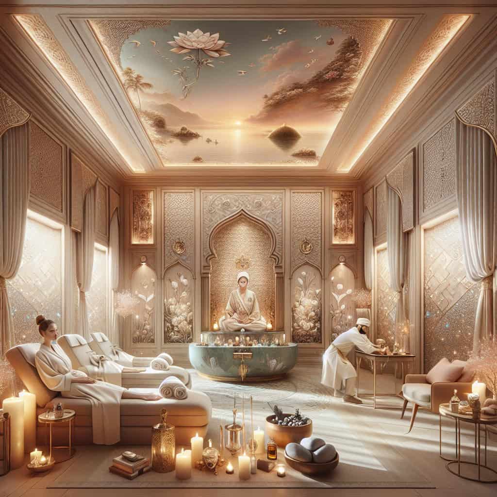 Luxurious spa interior with candles and relaxing guests