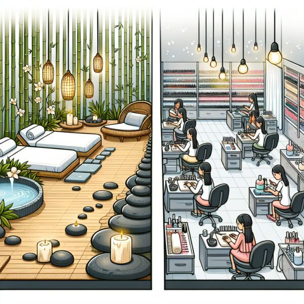 Serene spa beside busy nail salon workspace