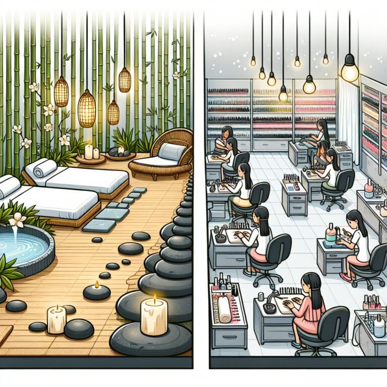 Serene spa beside busy nail salon workspace