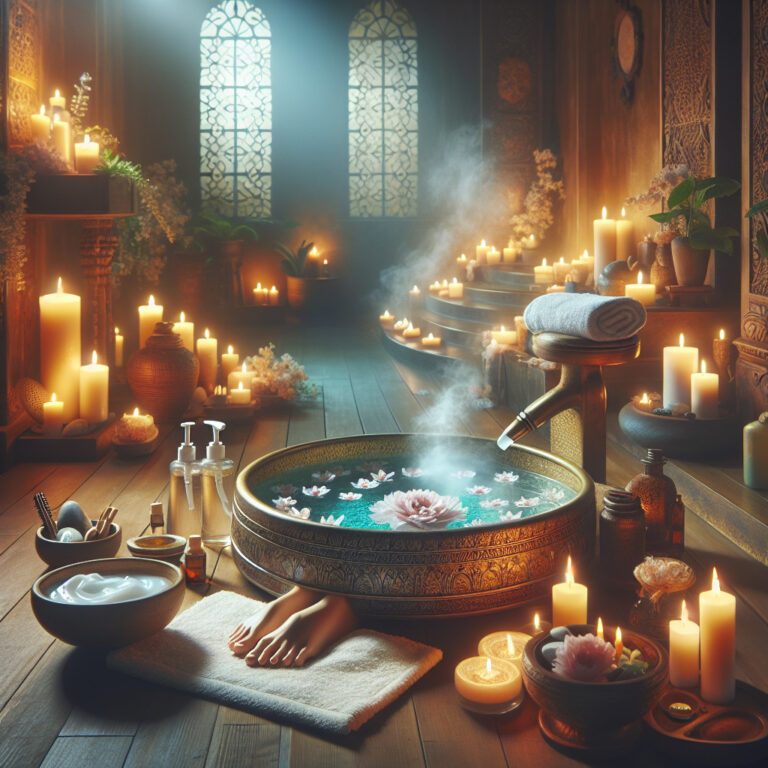 Candlelit spa bath with flowers and steam