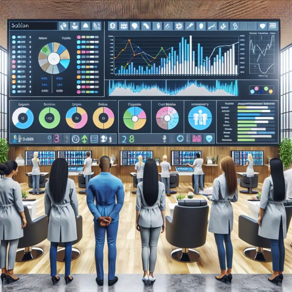 Staff monitoring large data dashboard in control room
