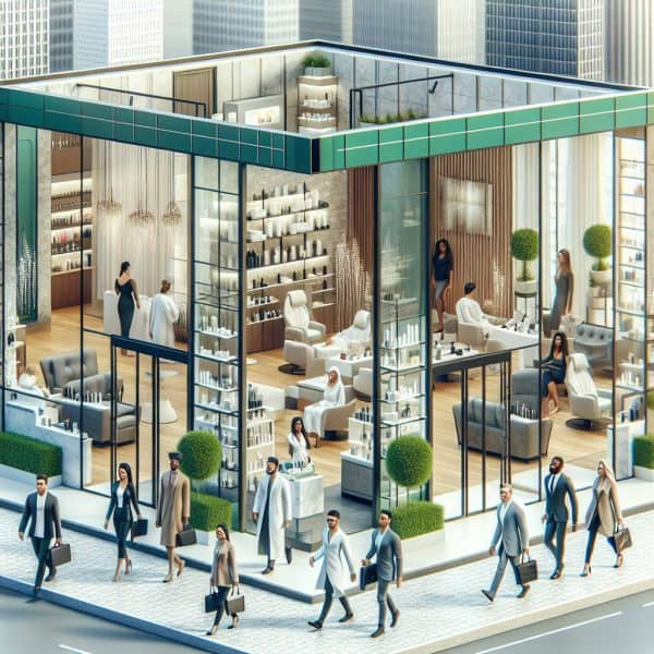 Modern glass-fronted beauty salon with city pedestrians