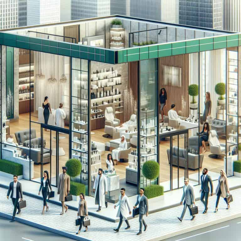 Modern glass-fronted beauty salon with city pedestrians