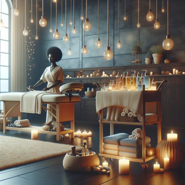 Serene spa interior with massage table and candles