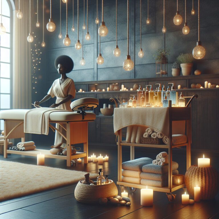 Serene spa interior with massage table and candles