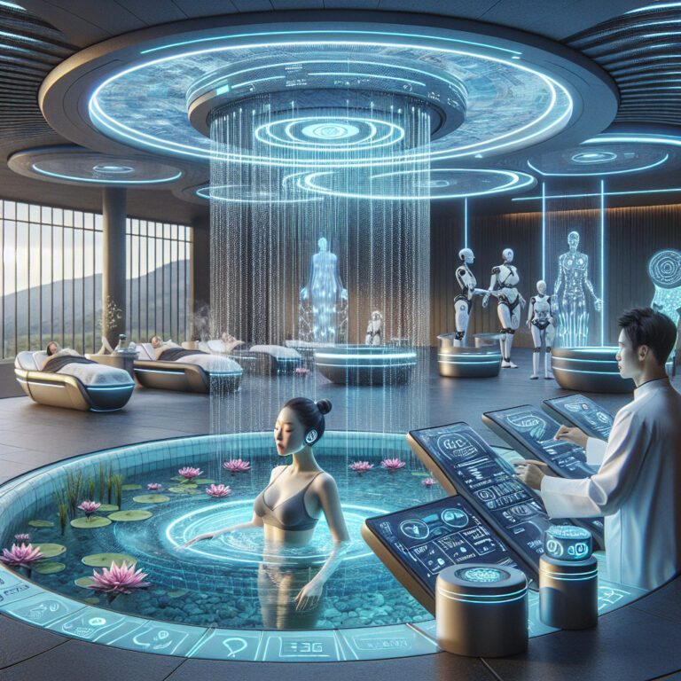 Futuristic wellness spa with holographic technology and robots