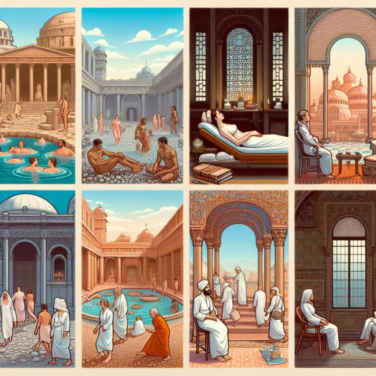 Illustrated scenes of ancient bathhouses and courtyards