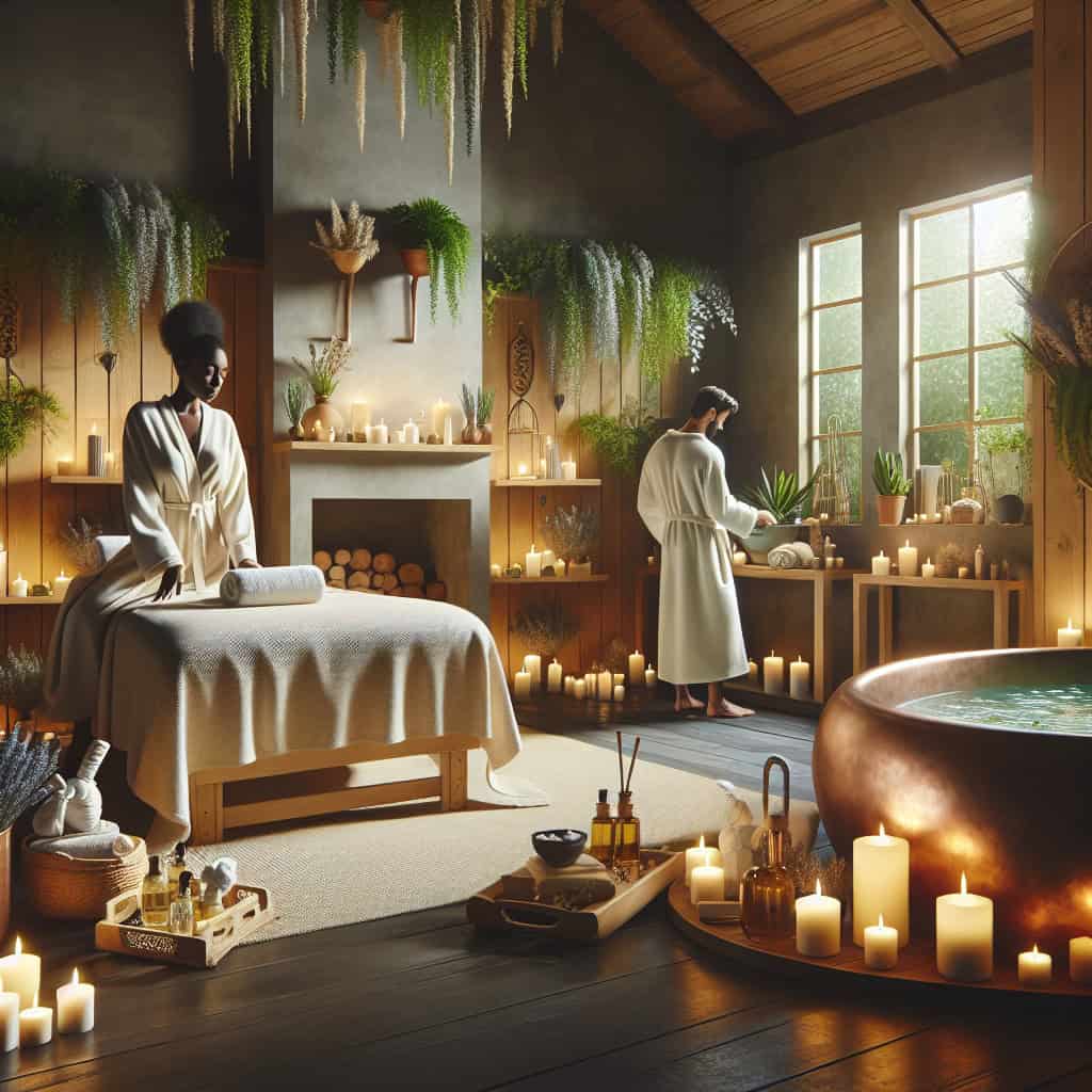 Tranquil spa room with massage table and candles