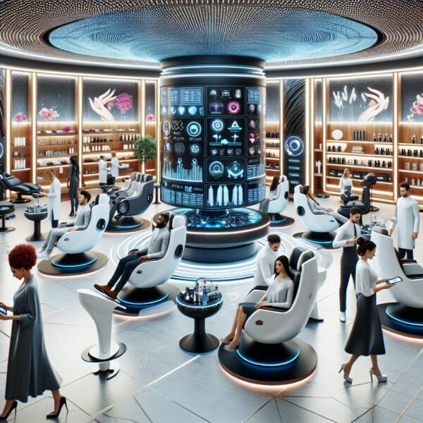 Futuristic high-tech beauty salon with digital displays