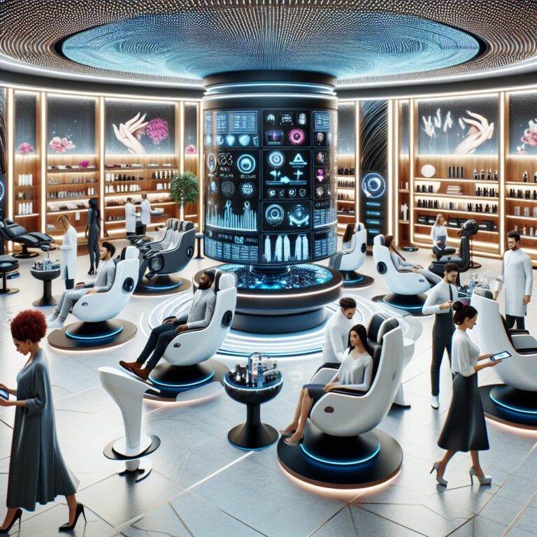 Futuristic high-tech beauty salon with digital displays