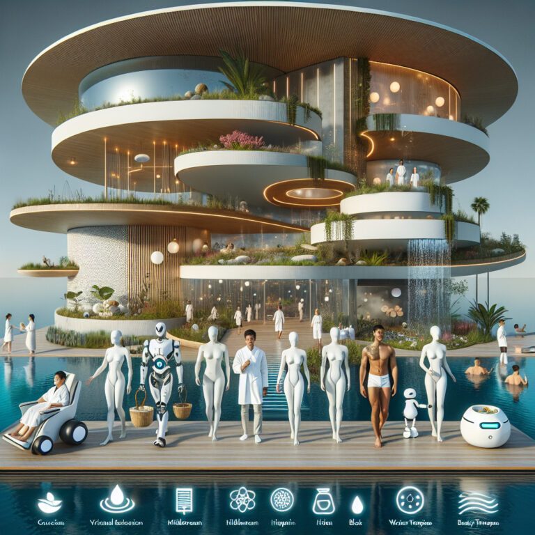 Futuristic eco spa with robots and mannequins