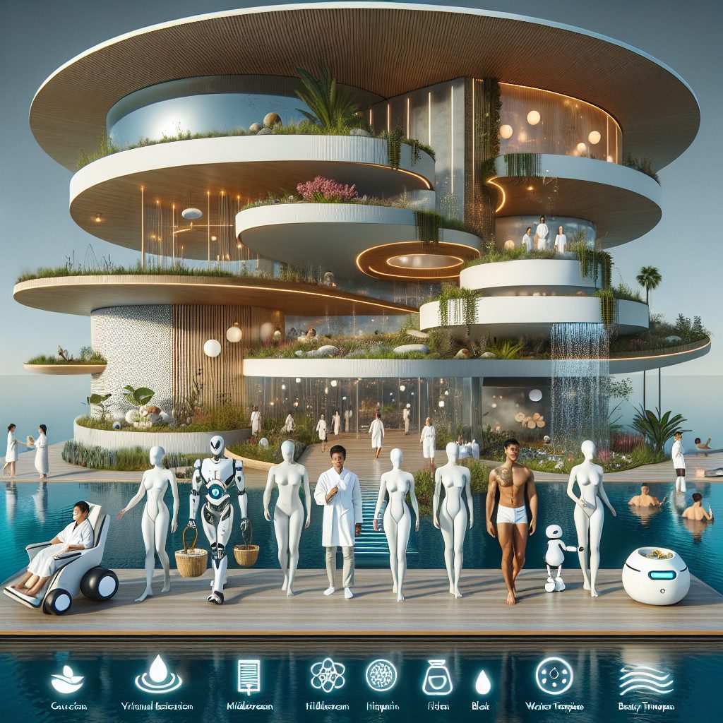 Futuristic eco spa with robots and mannequins