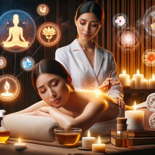 Woman receiving relaxing spa massage with candles and icons
