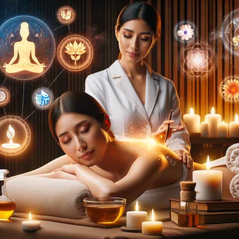 Woman receiving relaxing spa massage with candles and icons