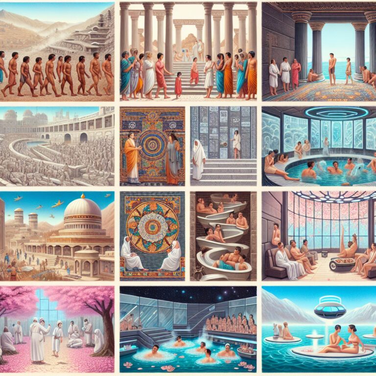 Collage of ancient to futuristic communal bathing scenes