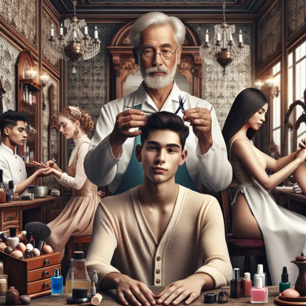 Elderly barber cutting young man's hair in vintage salon