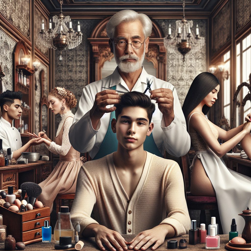 Elderly barber cutting young man's hair in vintage salon