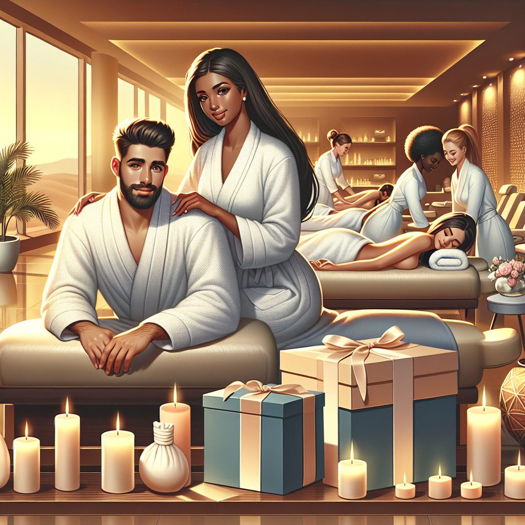 Couple enjoying spa massage with candles and gifts