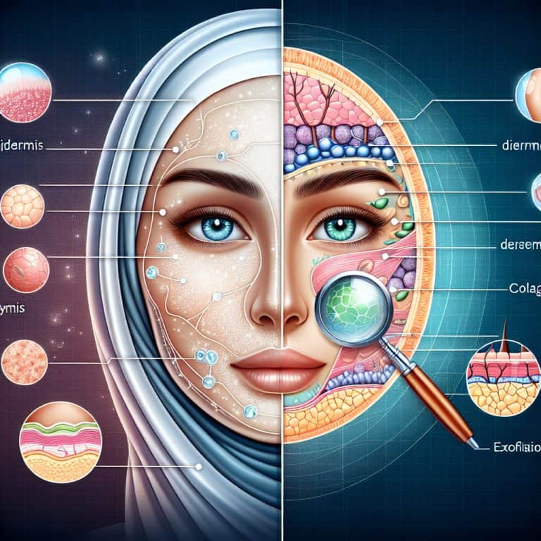 Split-face illustration showing skin layers and analysis