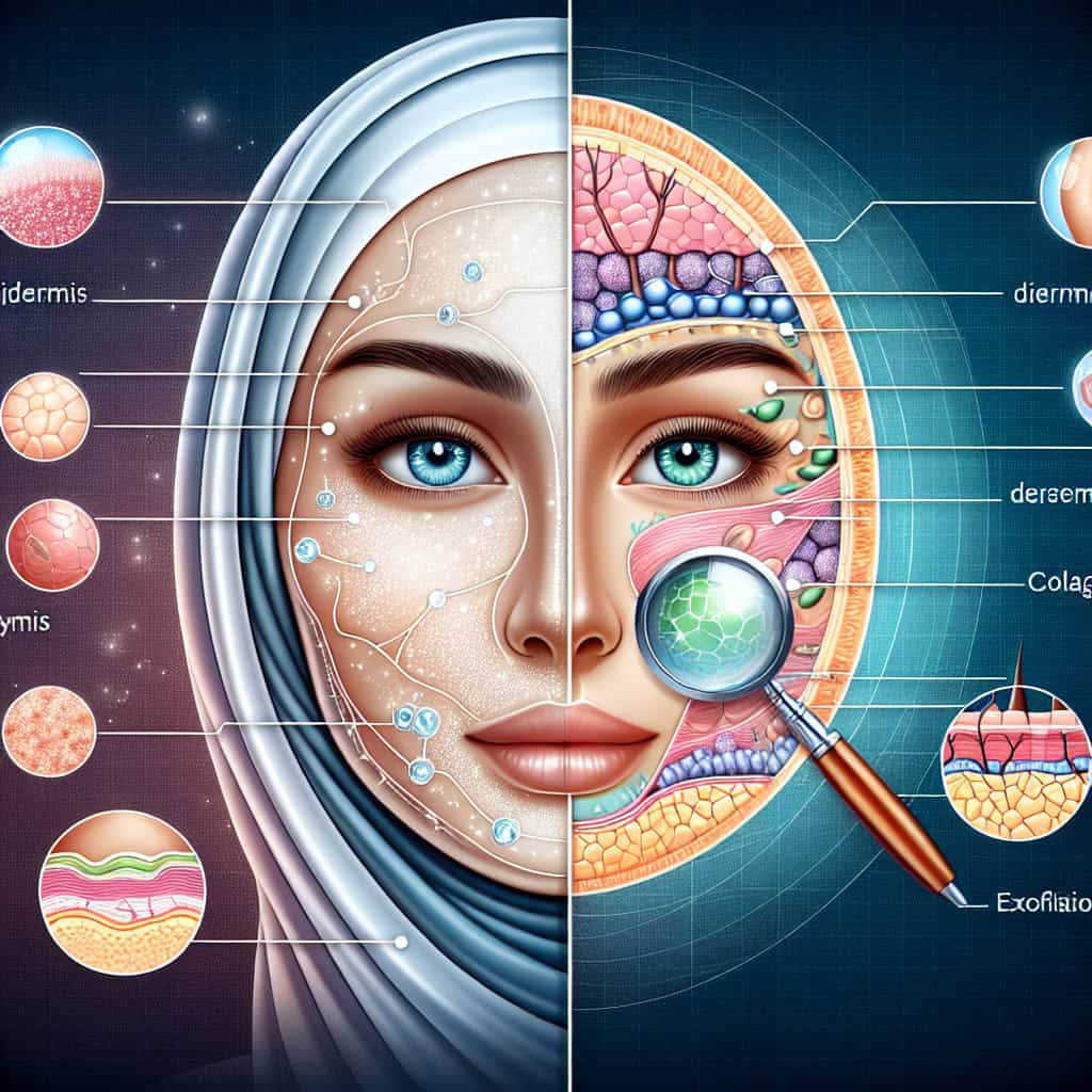 Split-face illustration showing skin layers and analysis