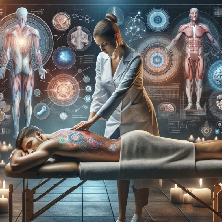 Therapist performing back treatment with anatomical diagrams background