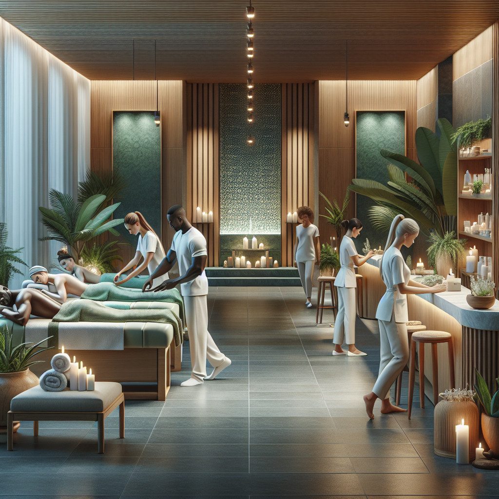 Modern spa interior with therapists giving massages