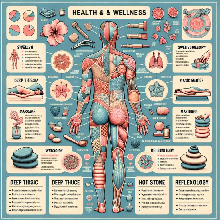 Health and wellness infographic of human muscles and massage therapies
