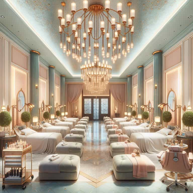 Luxurious spa interior with chandeliers and massage beds