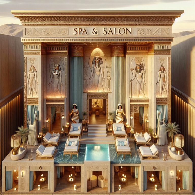 Egyptian-themed luxury spa and salon interior with pool