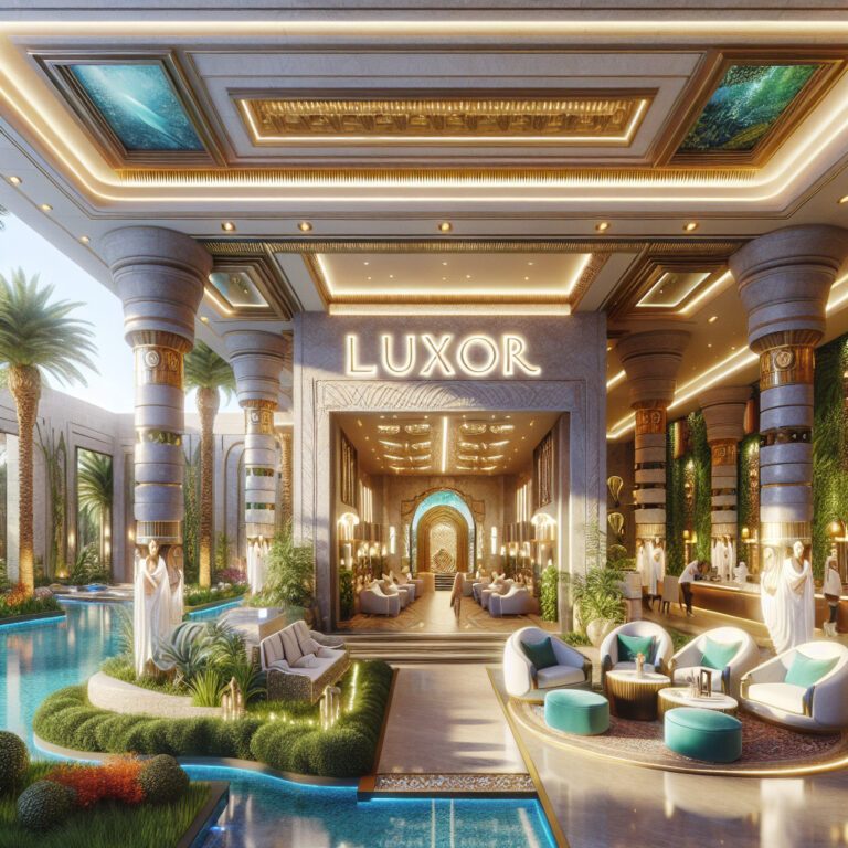 Luxurious Luxor hotel entrance with pool and columns
