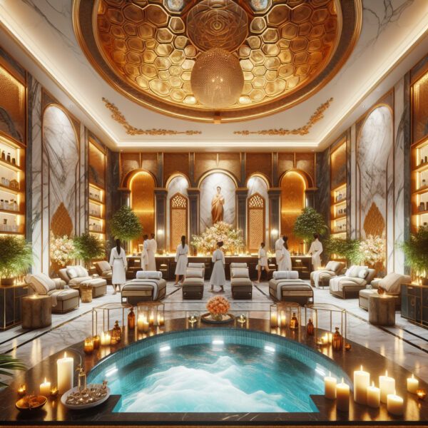 Luxurious marble spa with pool and robed guests