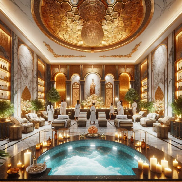 Luxurious marble spa with pool and robed guests