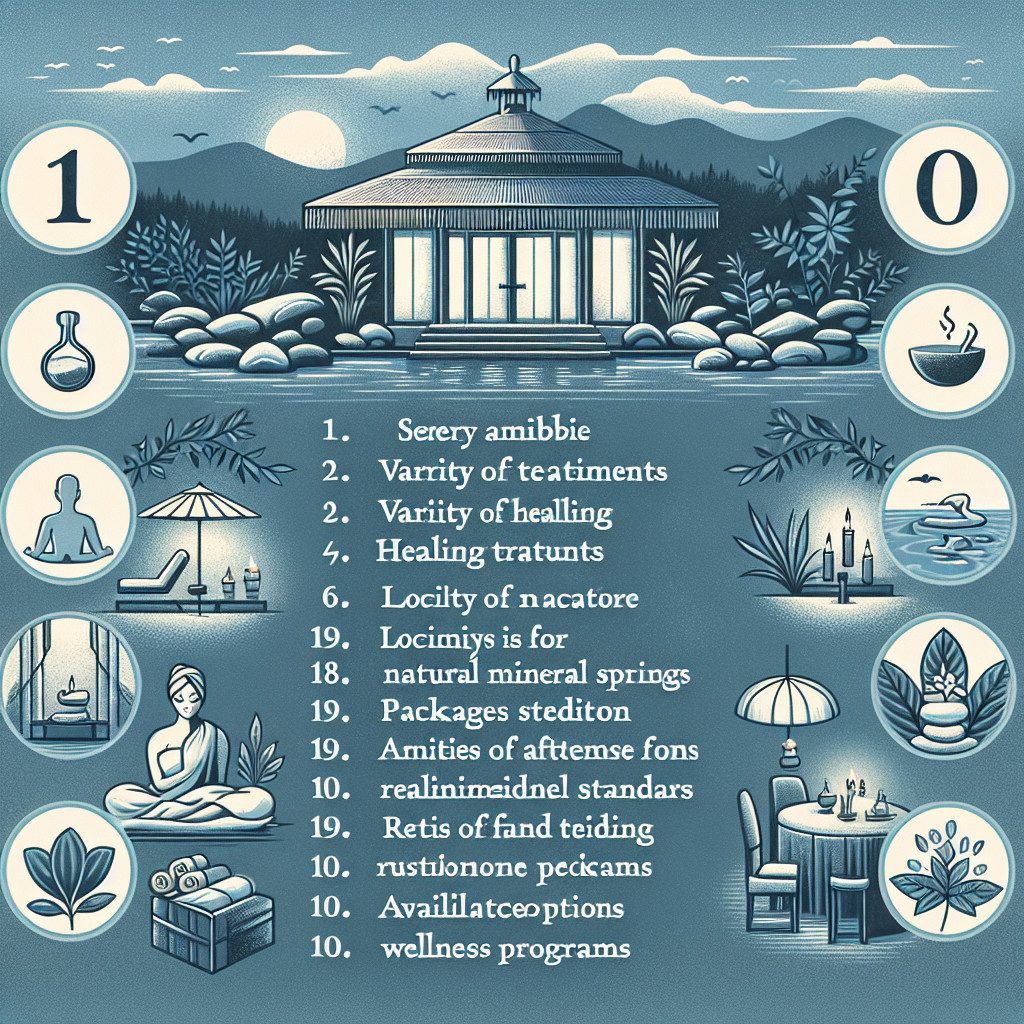 Illustrated lakeside spa resort with wellness icons and list