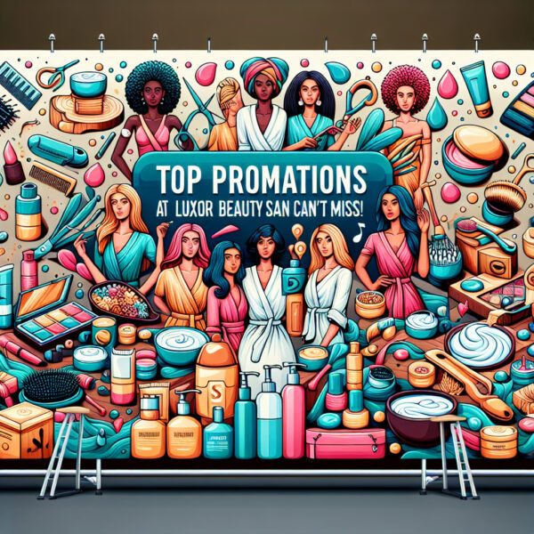 Colourful beauty promotions poster with illustrated women and cosmetics