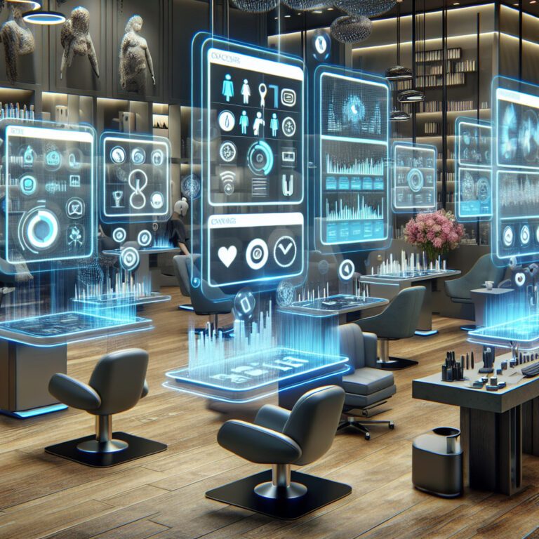 Futuristic salon with holographic digital interface displays