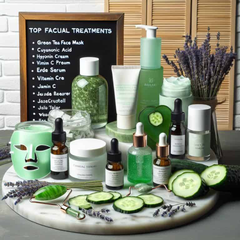 Green-themed skincare products with cucumber and jade roller