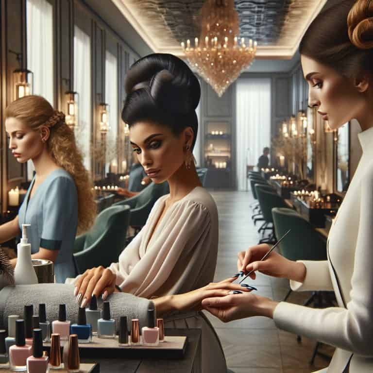 Elegant nail salon with women receiving manicures