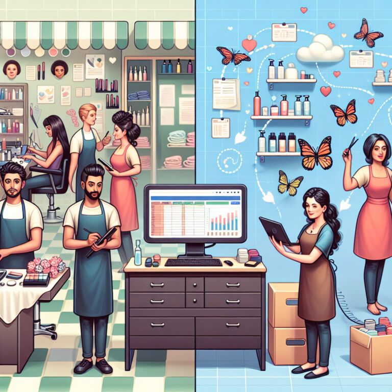 Busy hair salon staff using digital management system