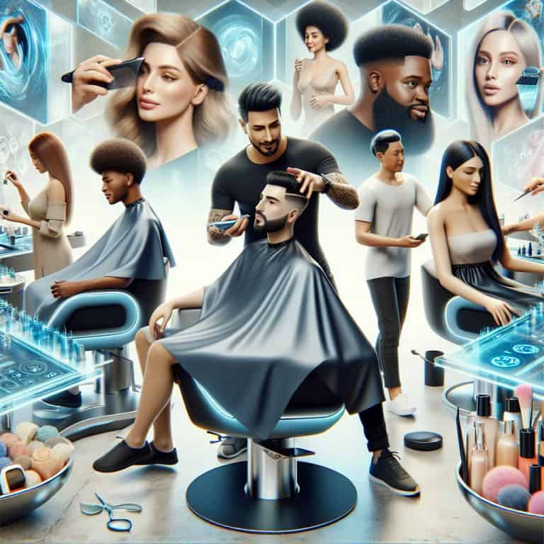 Futuristic hair salon with stylists and diverse clients