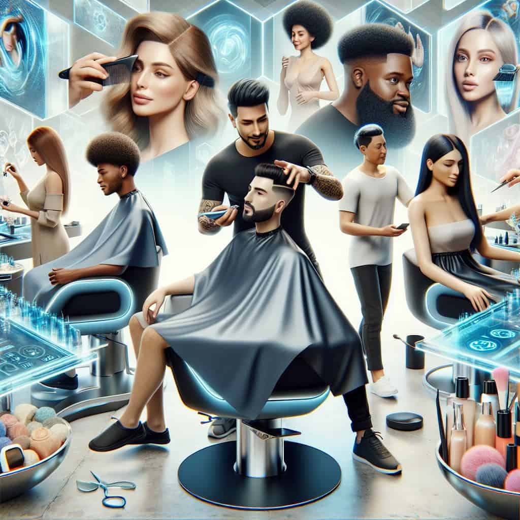 Futuristic hair salon with stylists and diverse clients